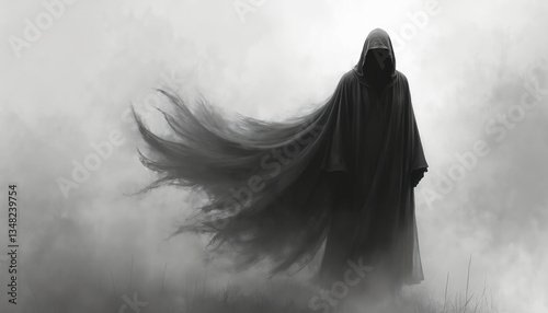 Mysterious figure dressed in black robe stands in mist, fog. Silhouette in hood, shadow, flowing cape. Dark, dramatic scene of sorcerer walking. Veil hides identity. Grim mood.