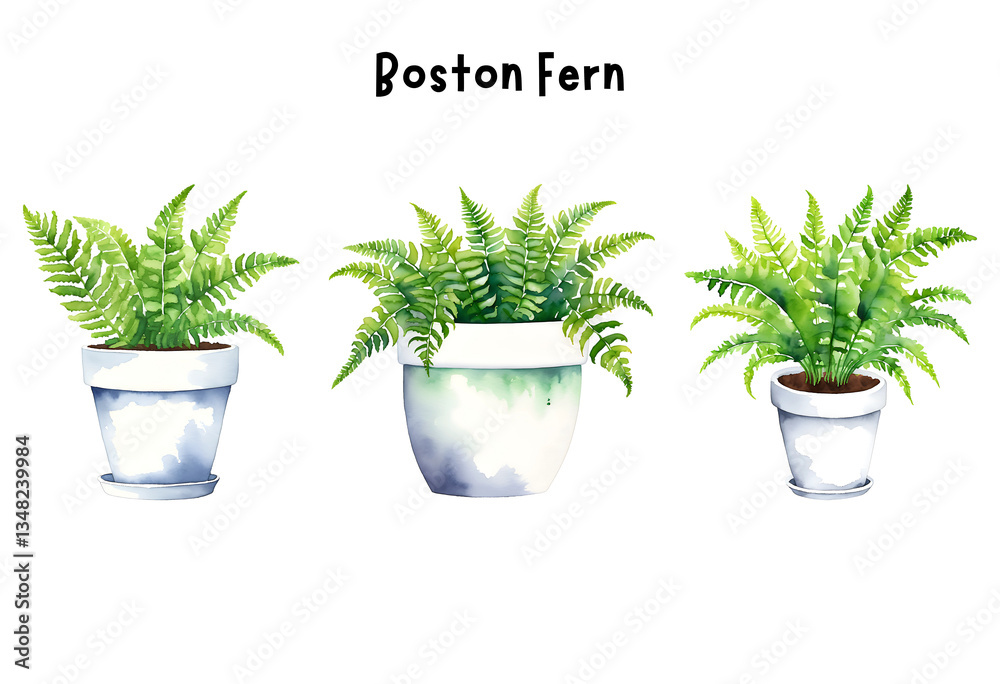 Fototapeta premium Watercolor Boston Fern in a Pot Isolated on Transparent Background – Indoor Plants, Home Plant in Pots, Floral Design Element, Perfect for Invitations, Cards, Prints, Posters
