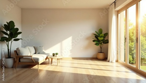 Wallpaper Mural Sunlit minimalist living room, warm wood floors, large window , plant, large window, view Torontodigital.ca