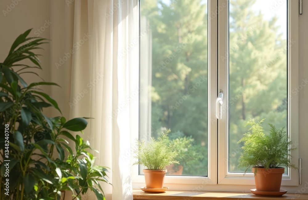 Fototapeta premium View from home window to sunny green forest. Potted plants on windowsill. Interior design element. Modern apartment living room with transparent window. Sunlight. Home gardening, eco-friendly,