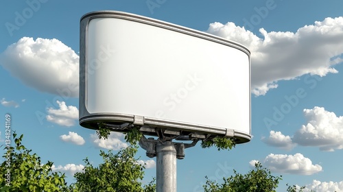 Blank White Billboard Against a Blue Sky with Lush Greenery