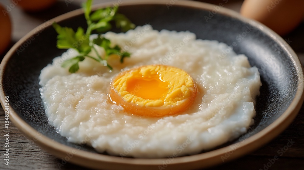 Chinese salted duck eggs a creamy yolk sliced and served on a plate alongside congee