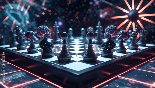 A futuristic chessboard featuring pieces designed as skulls, set in a cosmic background.