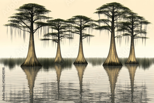 Serene swamp scene with four majestic cypress trees reflected in calm water, evoking tranquility and the beauty of nature.