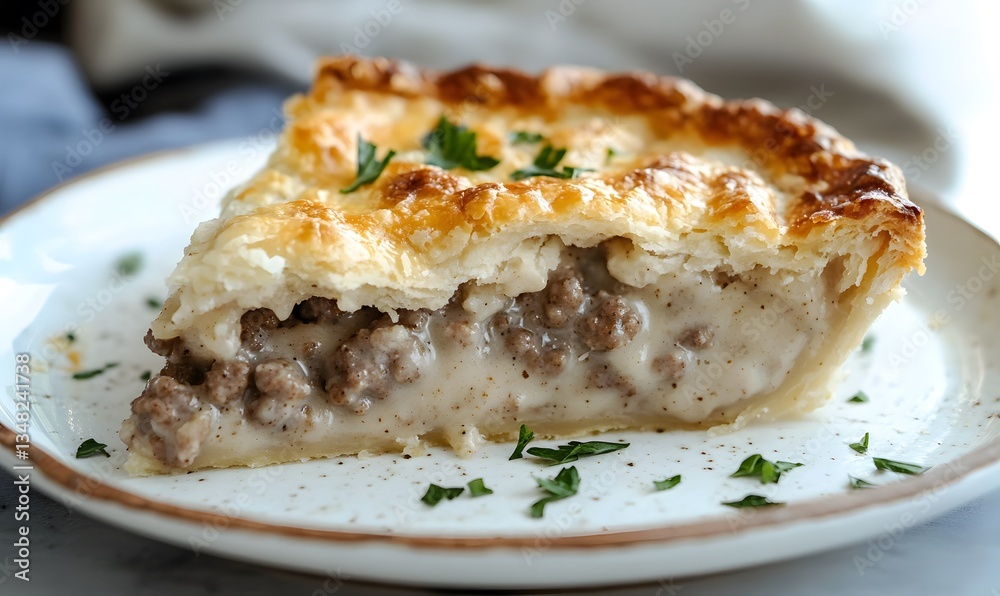 a hearty slice of sausage, gravy, and biscuit pie, Generative AI a hearty slice of sausage, gravy, and biscuit pie, Generative AI