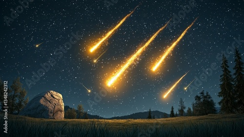 Bright Shooting Stars Over Night Landscape