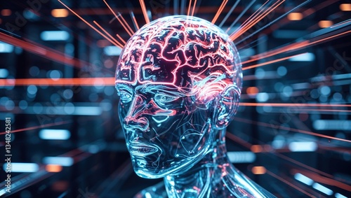 A futuristic representation of a digital human head with neural connections and glowing lines.