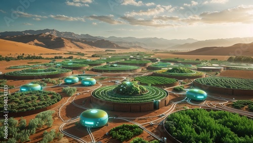 A futuristic agricultural settlement with circular farms in a desert landscape.