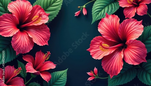 Bold hibiscus blooms, vibrant tropical design, nature, leaves, colorful
