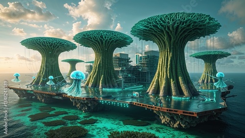 Futuristic floating structure with giant trees and jellyfish, blending nature and technology.