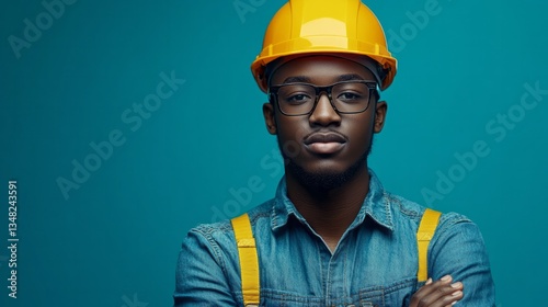African american construction worker in yellow hard hat posing confidently