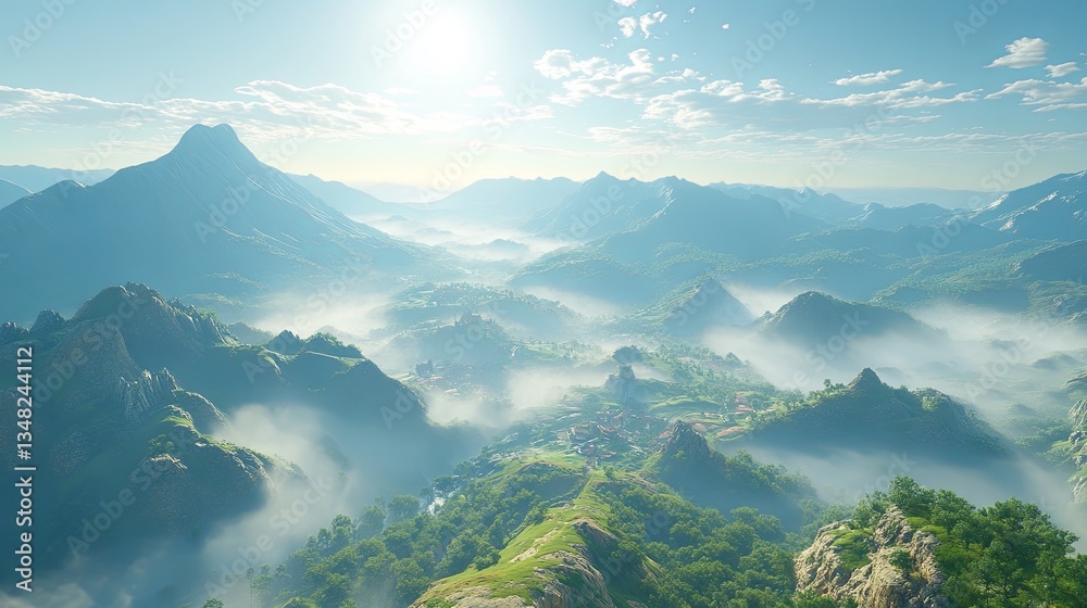 Majestic mountain landscape with mist and sunlight illuminating the valleys at dawn Majestic mountain landscape with mist and sunlight illuminating the valleys at dawn