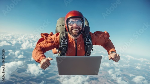 Skydiving Man with Laptop Extreme Sports Adrenaline Rush Business Success Aerial View