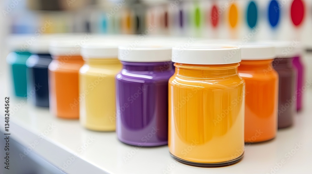 Colorful jars of paint arranged neatly on a shelf in a well-lit studio during daylight hours Colorful jars of paint arranged neatly on a shelf in a well-lit studio during daylight hours