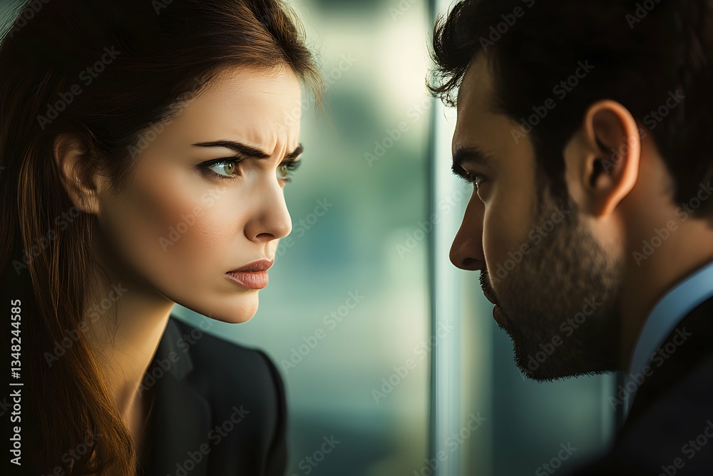 Tension between two professionals in a corporate environment staring face to face Tension between two professionals in a corporate environment staring face to face