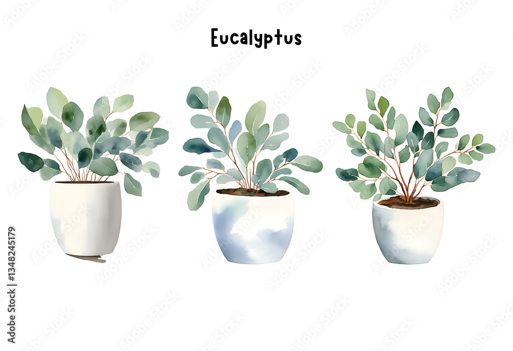 Fototapeta premium Watercolor Eucalyptus Plant in a Pot Isolated on Transparent Background – Set, Indoor Plants, Home Plant in Pots, Floral Design Element, Perfect for Invitations, Cards, Prints, Posters