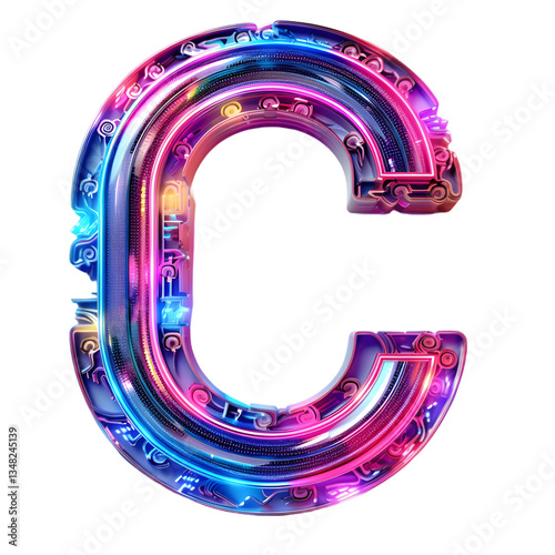 Letters C, Alphabet Made neon glow with holographic effects or glowing edges. isolated on a transparent background