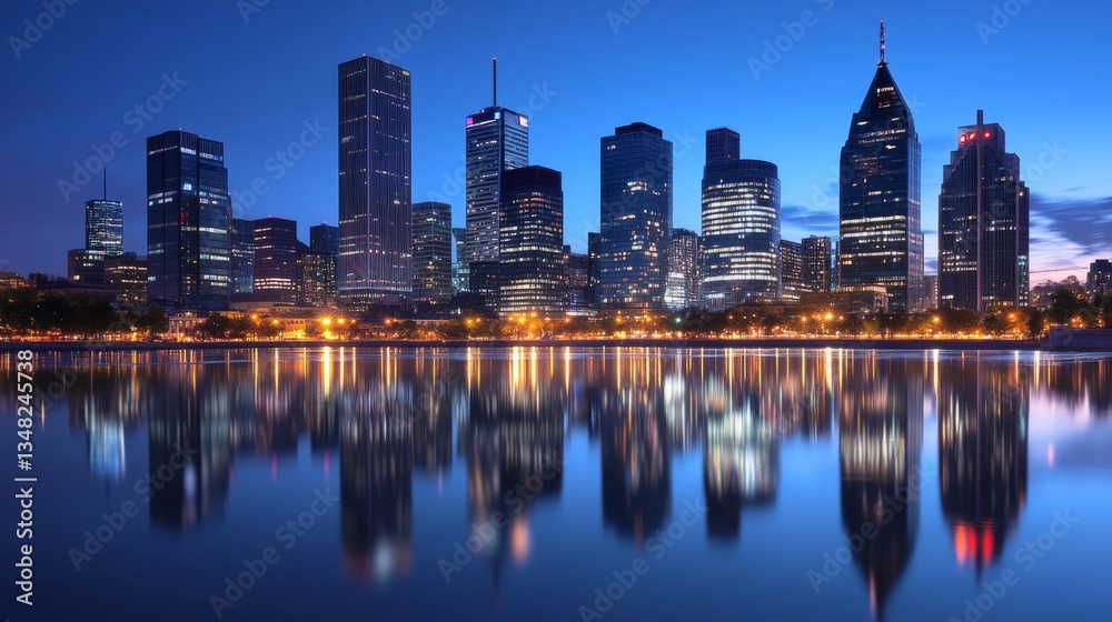 Naklejka premium A dramatic night-time city skyline with a reflective floor, creating a perfect product showcase