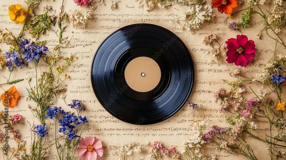 Vinyl Record, Flowers, Sheet Music