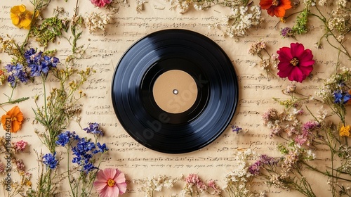 Obraz na płótnie Vinyl Record, Flowers, Sheet Music w salonie