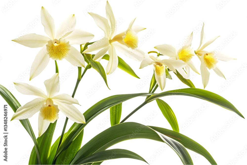 Obraz premium Group Of White And Yellow Orchids With Green Leaves