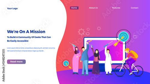 we are on a mission vector illustration with screen, people, etc, for web, app, 