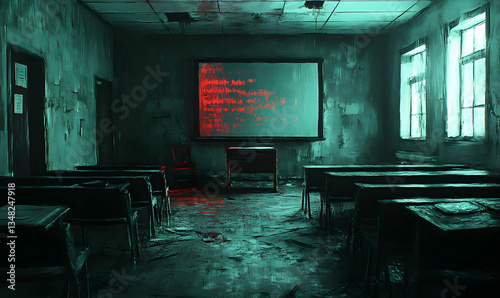 Abandoned classroom, eerie glow