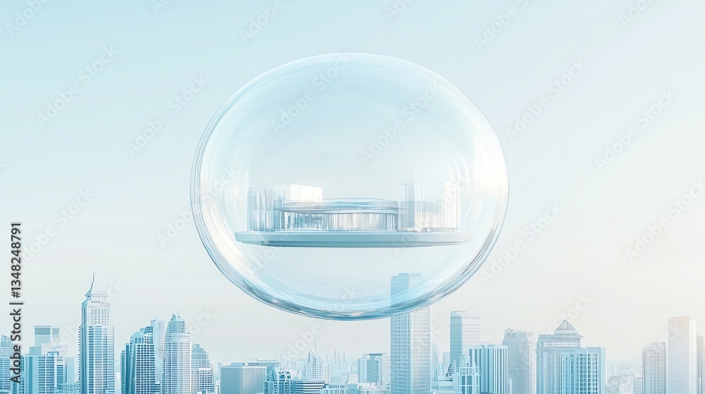 Fototapeta premium Floating Building Inside Bubble Above City Skyline - Concept for Innovation