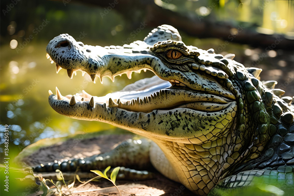 Fototapeta premium Powerful Crocodile Resting on Riverbank in Natural Habitat