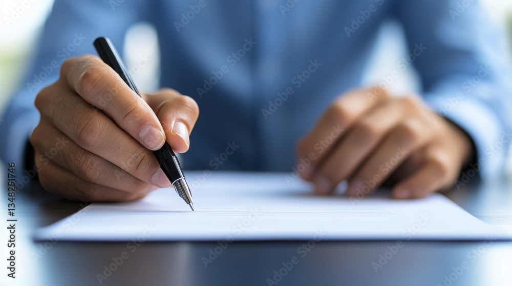Writing on blank sheet of paper with pen, focused hands in action Writing on blank sheet of paper with pen, focused hands in action