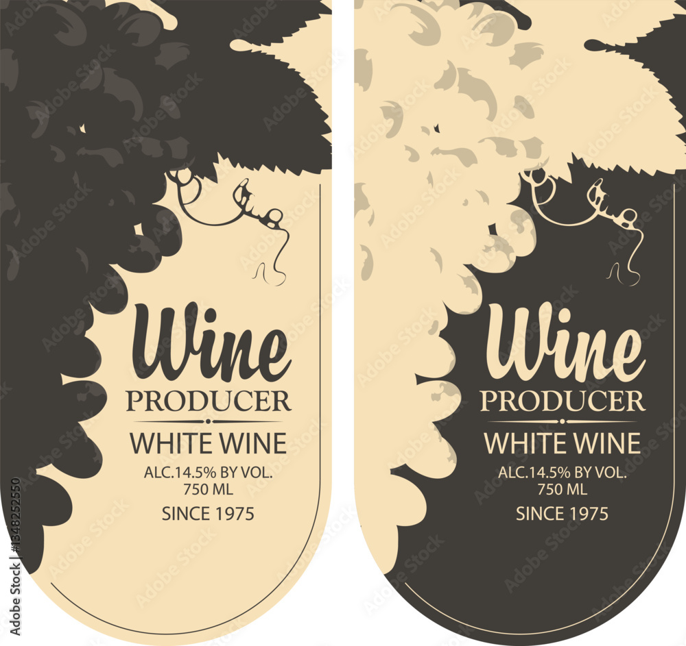 Fototapeta premium Set of vector wine labels with hand drawn grape bunches and calligraphic lettering in vintage style, with space for text