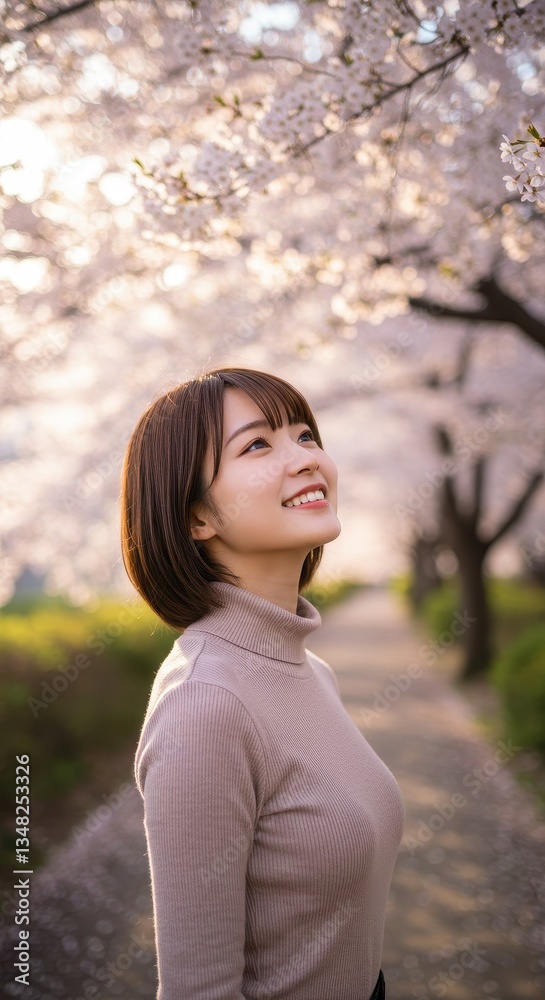 Smiling Young Japanese Woman Enjoying Cherry Blossoms in Springtime. Phone wallpaper Smiling Young Japanese Woman Enjoying Cherry Blossoms in Springtime. Phone wallpaper