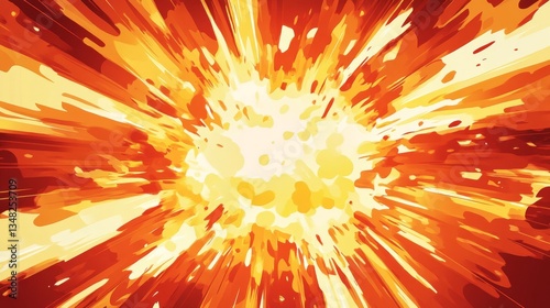 A fiery explosion bursting with a sunburst effect, anime manga inspired, intense red and orange flames, bold graphic lines, comic book aesthetics, cartoon explosion