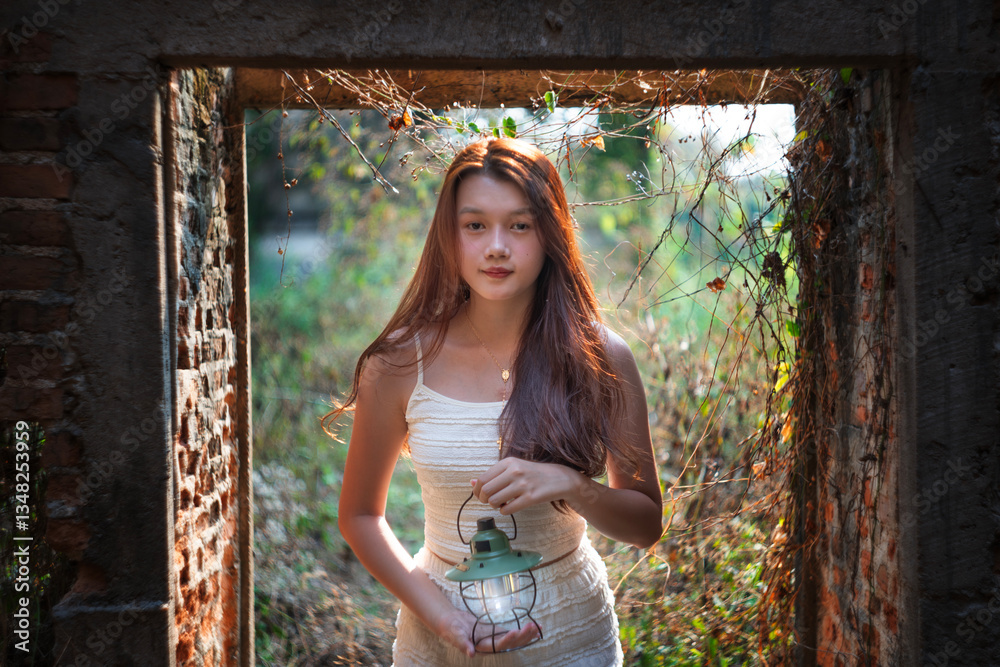 Relax concepts, Beautiful teenage girl on a bright day in nature flowers garden