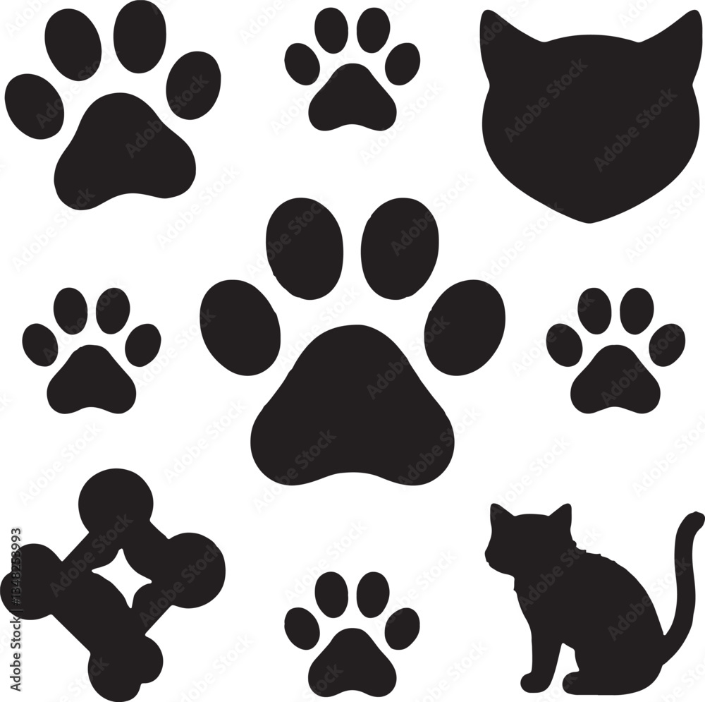 A seamless pattern of black cat silhouettes with paw prints and footprints, designed in a simple and playful style Perfect for animal-themed wallpaper, prints, and illustrations A seamless pattern of black cat silhouettes with paw prints and footprints, designed in a simple and playful style Perfect for animal-themed wallpaper, prints, and illustrations