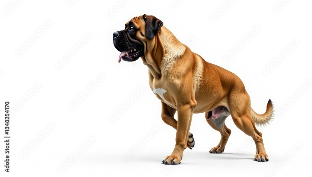 Obraz premium Majestic mastiff, powerful stance, white background, dog portrait, powerful, pet