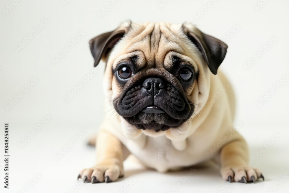 Obraz premium Playful pug looking at camera, pure white background, happy, asset