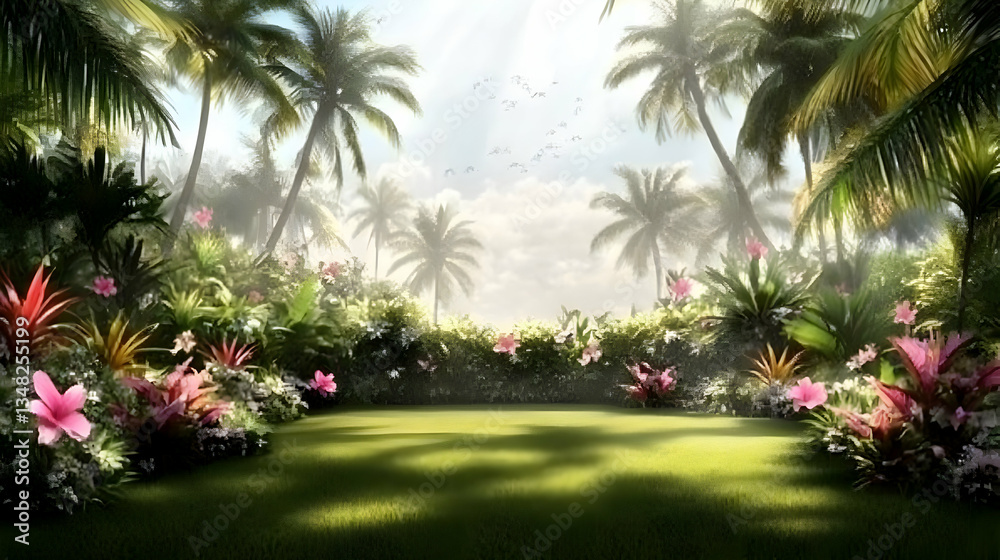 Fototapeta premium Lush tropical paradise, vibrant flowers, palm trees, sunny sky, tranquil garden, serene landscape, idyllic setting, peaceful scene, vacation destination, exotic flora.