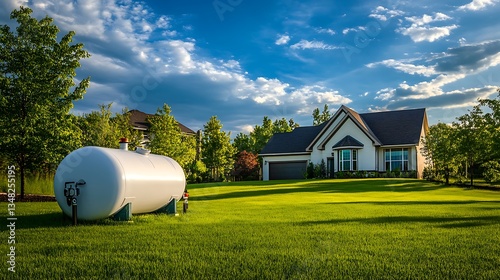 Large gas tank in front of house with green grass photo