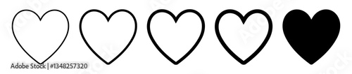 Title	 Five heart icons showing rating levels from empty to full. Black outline and solid fill vector perfect for reviews, romance themes, feedback systems, and social media designs. Heart, icons.