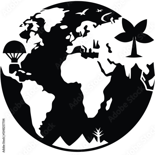 Global Perspectives: An illustrative world map showcases diverse global elements, with a parachute, birds, a palm tree, and various geographic features artfully integrated into its design. 