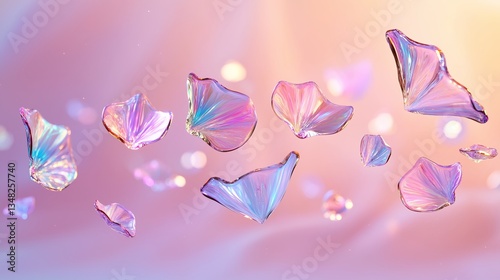 Floating iridescent glass prisms reflecting light in a soft pink and lavender background. The delicate, translucent surfaces refract light into rainbow hues, evoking a magical, futuristic aesthetic