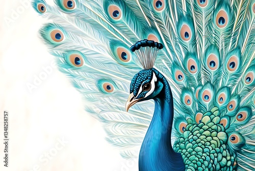 Detailed peacock spread, vibrant plumage, white background, digital art, nature, beauty, wildlife