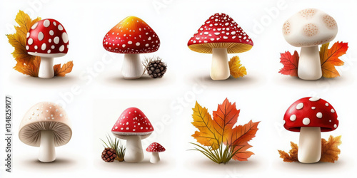 Unique watercolor icon set of cute woodland mushrooms on white background nature art style colorful display