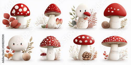 Unique watercolor icon set of cute woodland mushrooms on white background nature illustration playful style