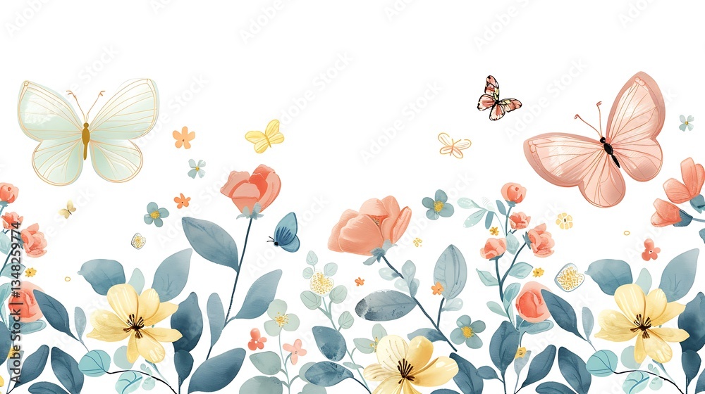 A delightful folk art design showcasing pastel butterflies, vines, and floral accents with soft brush textures in a balanced composition on a white background for versatile graphic use, 8k UHD, A delightful folk art design showcasing pastel butterflies, vines, and floral accents with soft brush textures in a balanced composition on a white background for versatile graphic use, 8k UHD,