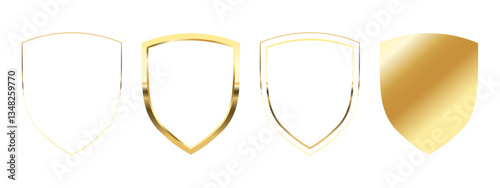 Gold shield Set, golden thin frames. Gold geometric borders in art deco style, luxury safety protection emblem, Thin linear premium and luxury. vector design illustration on white background