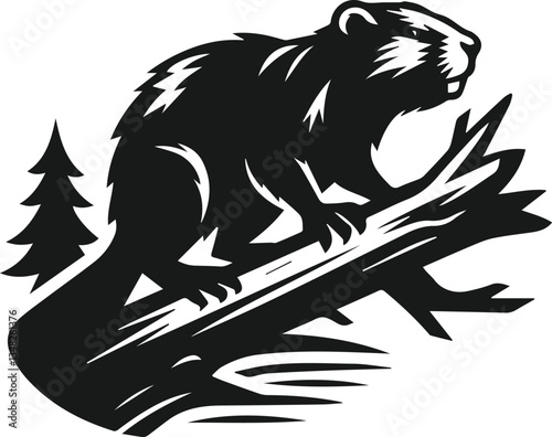 Beaver climbing onto a fallen tree vector