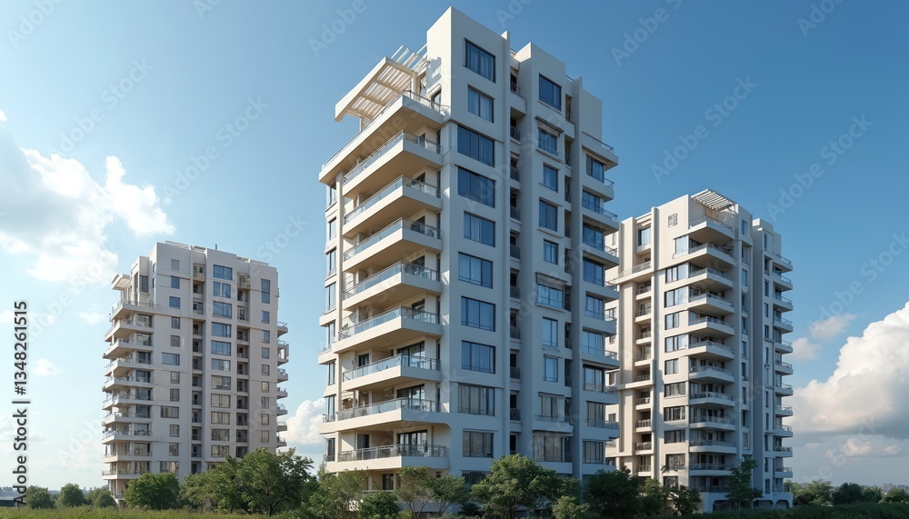 Modern residential buildings with balconies, blue sky background. City architecture, urban landscape with apartments, skyscrapers, windows, facades. Real estate, housing, property, residential area Modern residential buildings with balconies, blue sky background. City architecture, urban landscape with apartments, skyscrapers, windows, facades. Real estate, housing, property, residential area