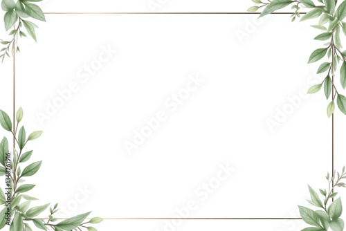 White background with golden frame and green leafy branches 